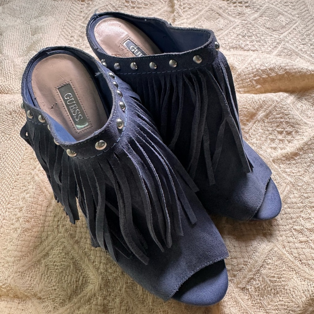 Vintage Guess Heels Blue Ara Studded Fringe  Peep Toe Size 9.5